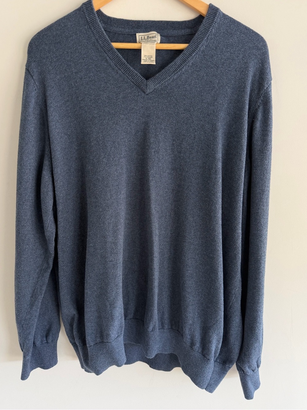 L.L.Bean Mens XL Cashmere Blend V Neck Sweater Blue Cotton Pullover